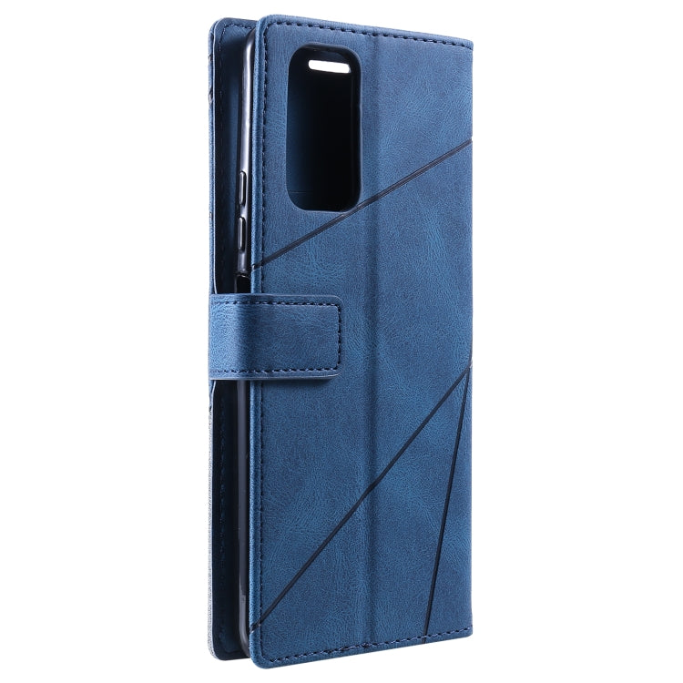 Blue horizontal flip phone case with wrist-strap tab and geometric stitched panel