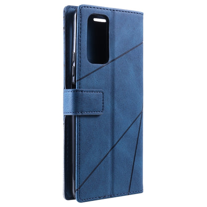 Blue horizontal flip phone case with wrist-strap tab and geometric stitched panel