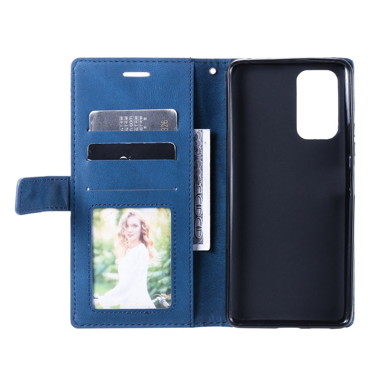 Blue flip phone case open view with card pocket and side stand