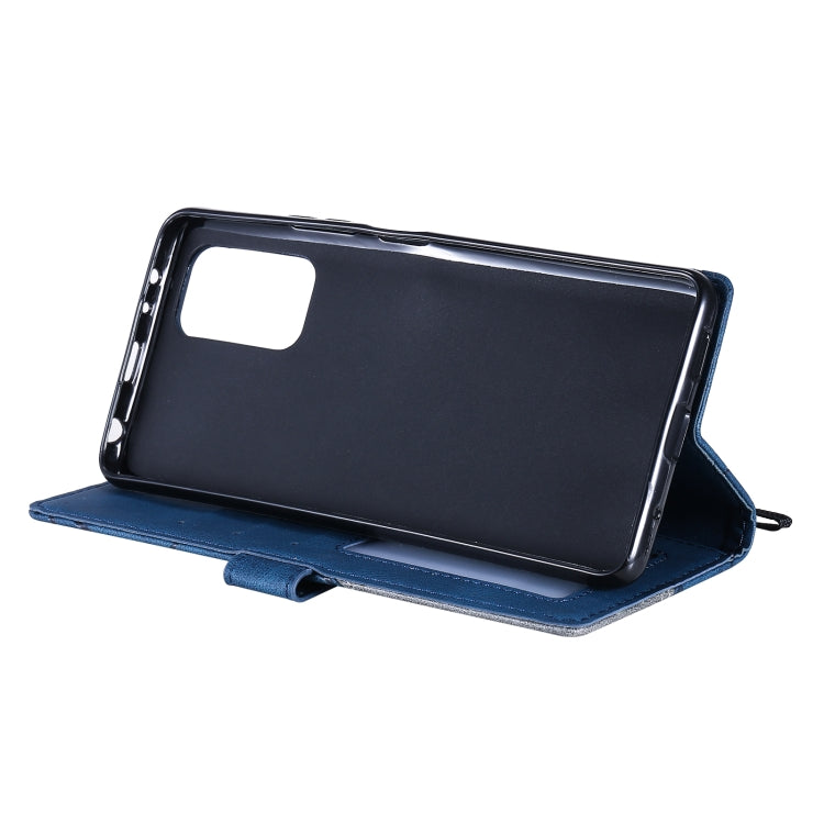 Blue PU leather flip phone case in stand mode with diagonal geometric trim