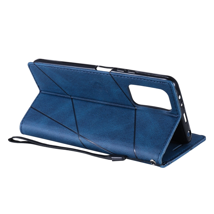 Blue horizontal flip phone case open with stand support and geometric panel