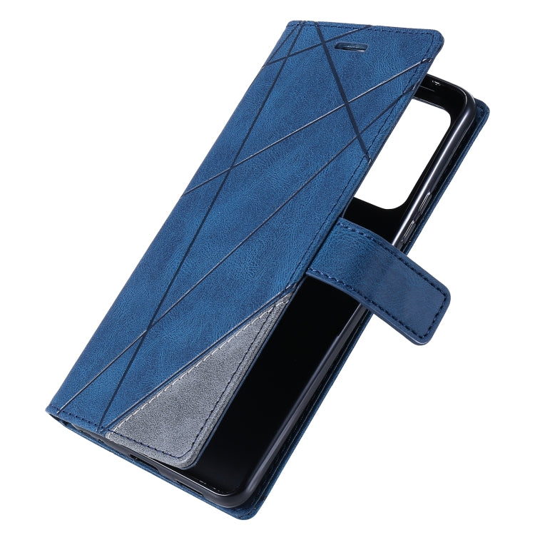 Blue PU leather flip phone case angled view with geometric stitching and strap