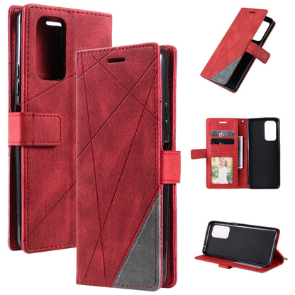 Red PU leather horizontal flip phone case with geometric panel, strap, and card slots