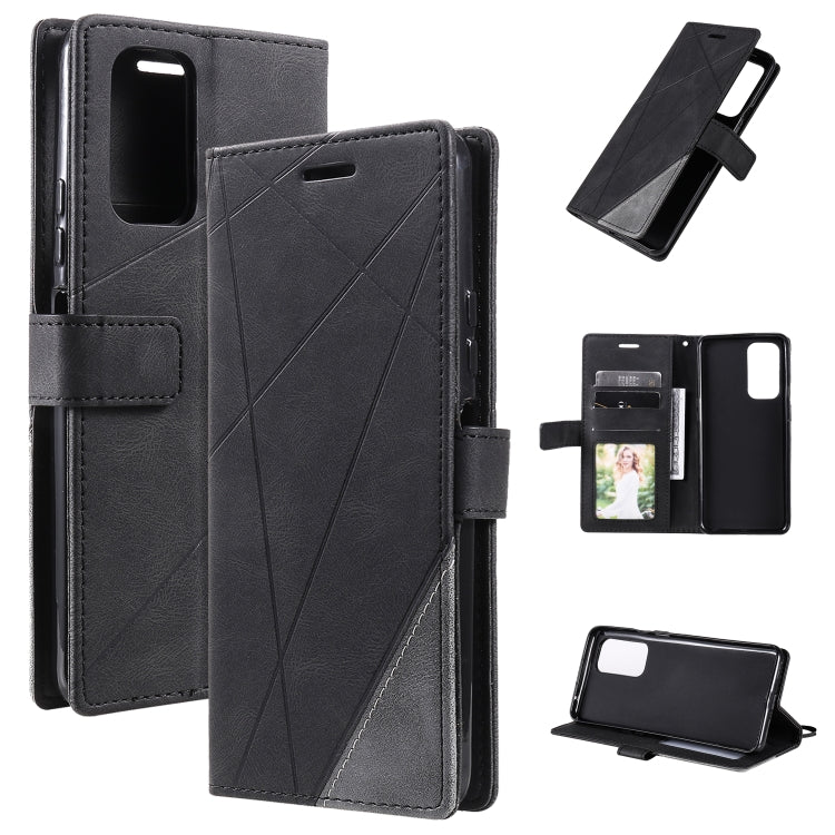 Dark gray leather flip phone case with diagonal pattern, card slots, and stand