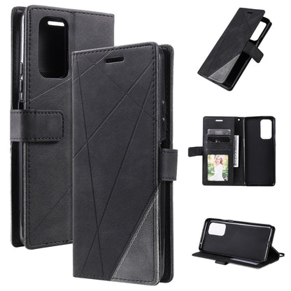 Dark gray leather flip phone case with diagonal pattern, card slots, and stand