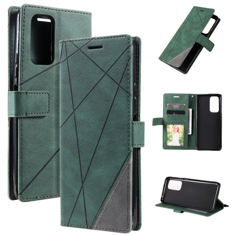 Green leather flip phone case with diagonal pattern, card slots, and stand