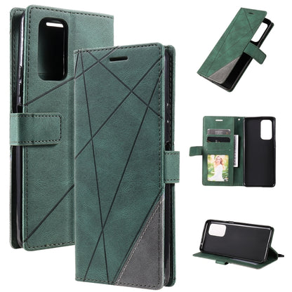 Green leather flip phone case with diagonal pattern, card slots, and stand
