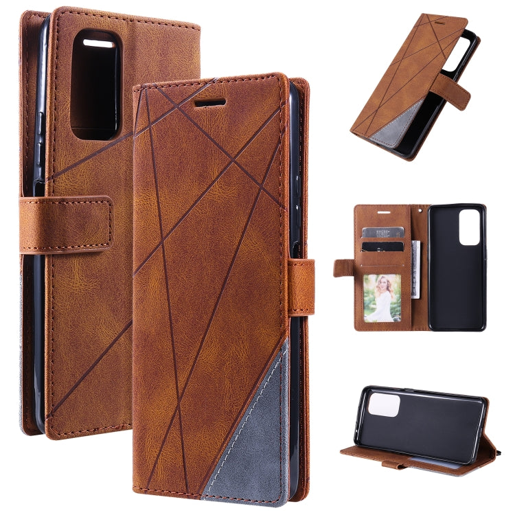 Brown leather flip phone case with diagonal pattern, card slots, and stand