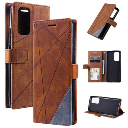Brown leather flip phone case with diagonal pattern, card slots, and stand
