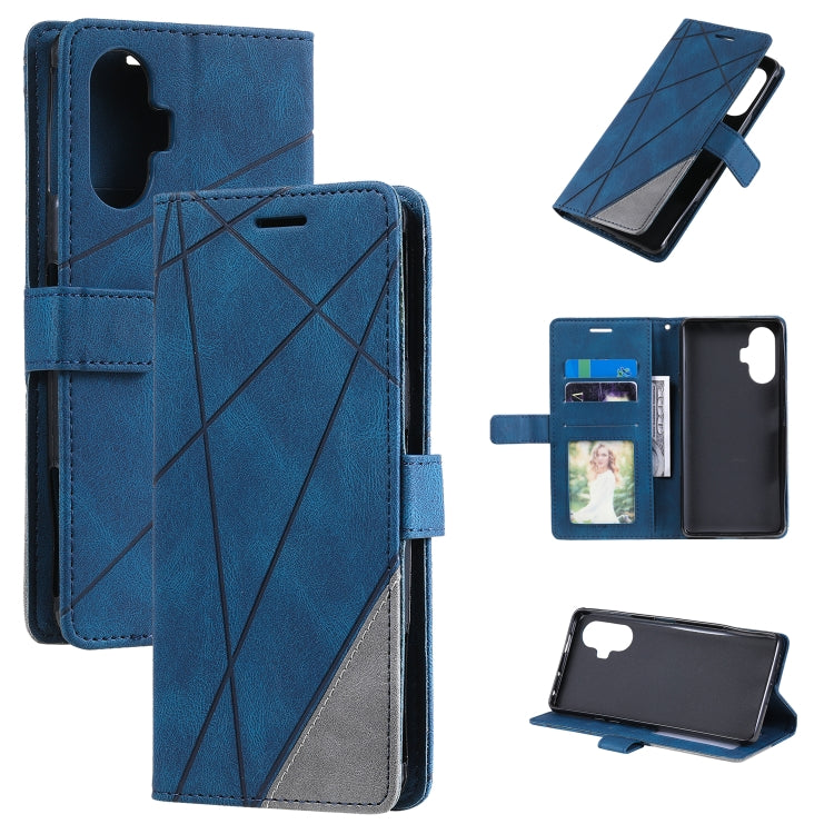 Blue PU leather horizontal flip phone case with geometric pattern, strap, and card slots