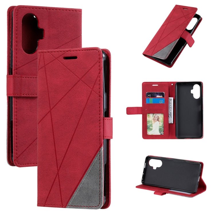 Red PU leather flip phone case with geometric stitching, strap, and card pocket