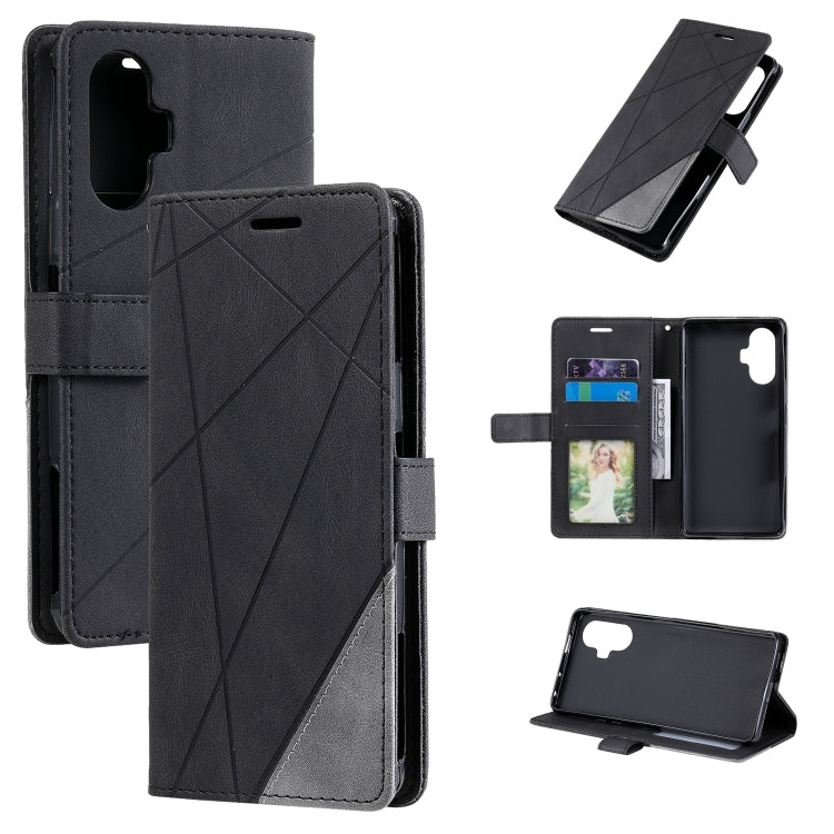 Black leather flip phone case with diagonal pattern, card slots, and stand