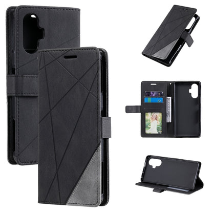 Black leather flip phone case with diagonal pattern, card slots, and stand