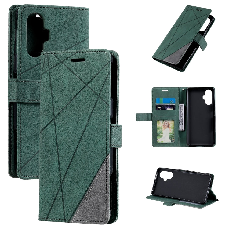 Teal green leather flip phone case with diagonal pattern, card slots, and stand