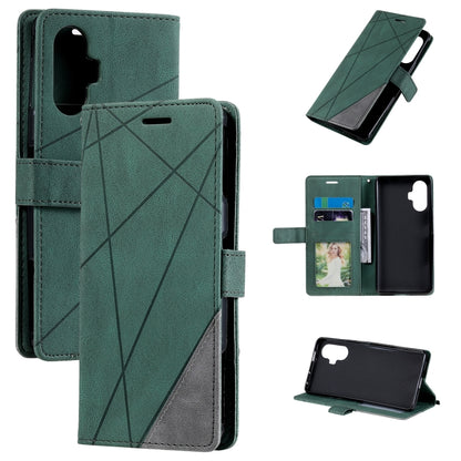Teal green leather flip phone case with diagonal pattern, card slots, and stand