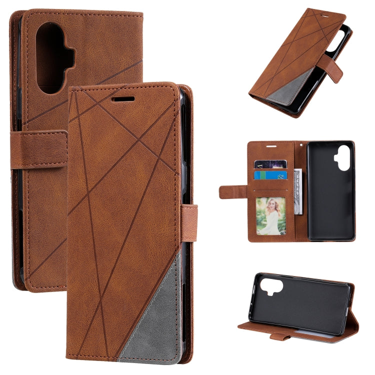 Warm brown leather flip phone case with diagonal pattern, card slots, and stand