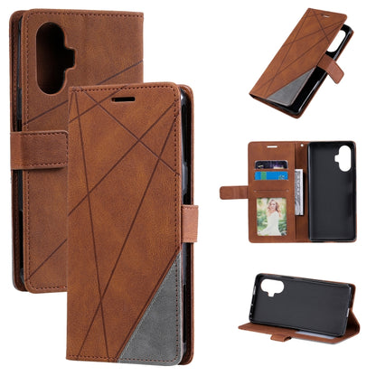 Warm brown leather flip phone case with diagonal pattern, card slots, and stand