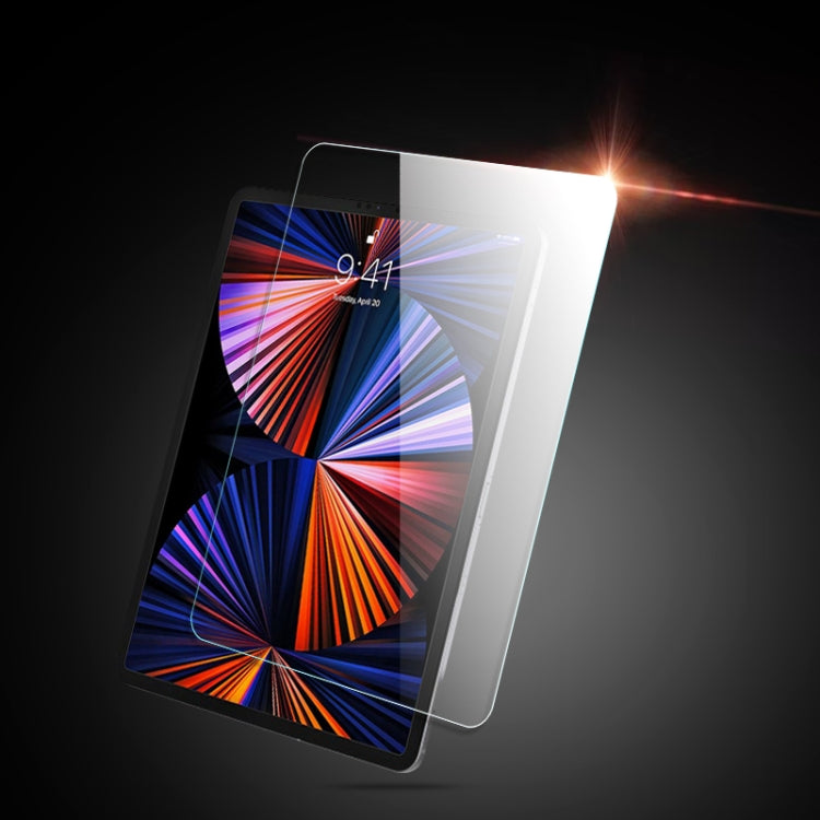 Tablet tempered glass screen protector, clear rounded-edge glass sheet on display