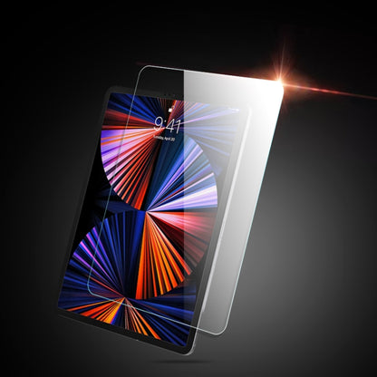 Tablet tempered glass screen protector, clear rounded-edge glass sheet on display