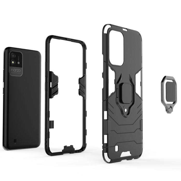 Shockproof phone case with magnetic ring holder, black rugged shell with cutouts