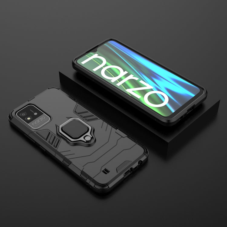 Shockproof phone case with magnetic ring holder, black rugged cover with raised edges