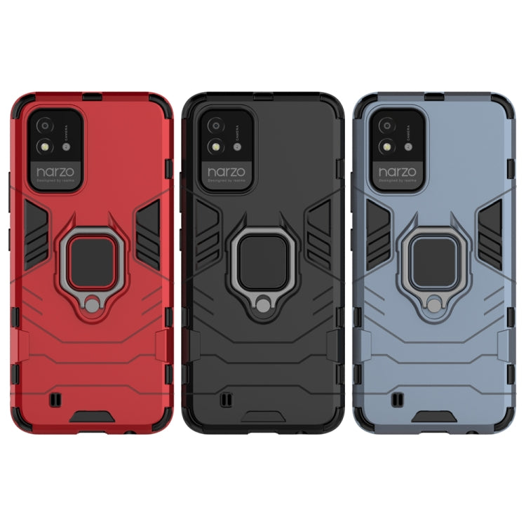 Set of shockproof phone cases with magnetic ring holders in red, black, and gray-blue