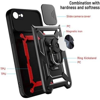Black phone protective case with sliding camera cover and ring kickstand