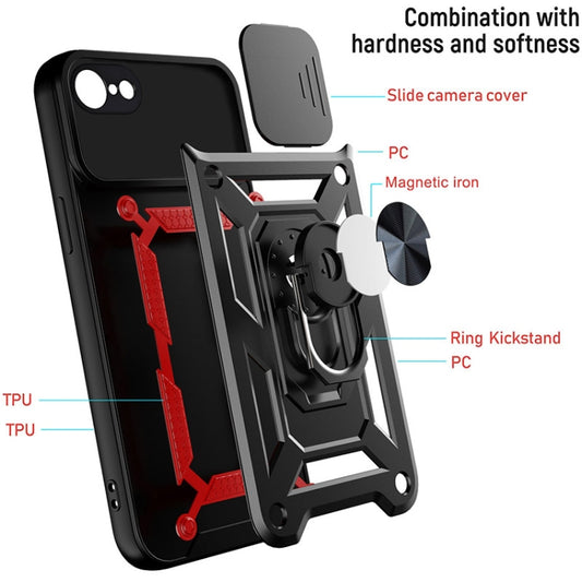 Black phone protective case with sliding camera cover and ring kickstand