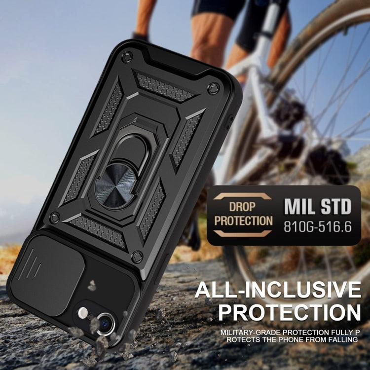 Black rugged phone case with ring kickstand and camera cover