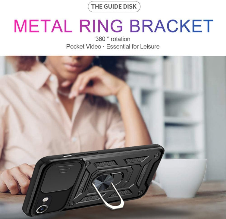 Black rugged phone case with metal ring bracket for hands-free viewing
