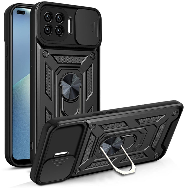 Black protective phone case with ring kickstand and camera opening
