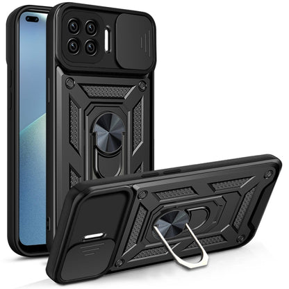 Black protective phone case with ring kickstand and camera opening