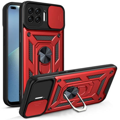 Red rugged phone protective case with sliding cover and metal ring kickstand