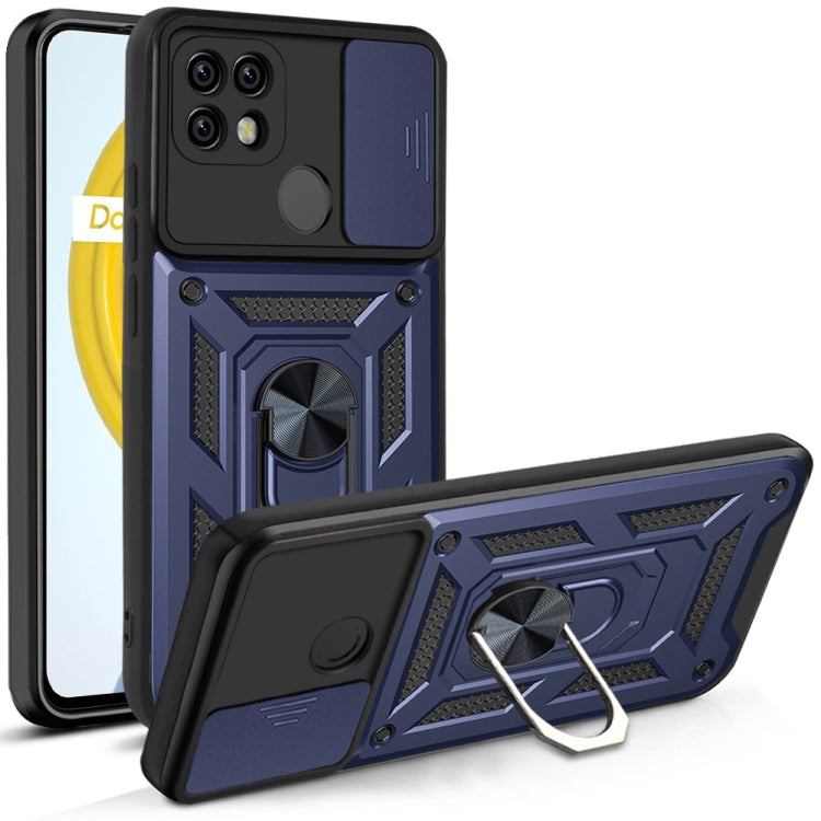 Navy rugged phone protective case with sliding cover and metal ring kickstand
