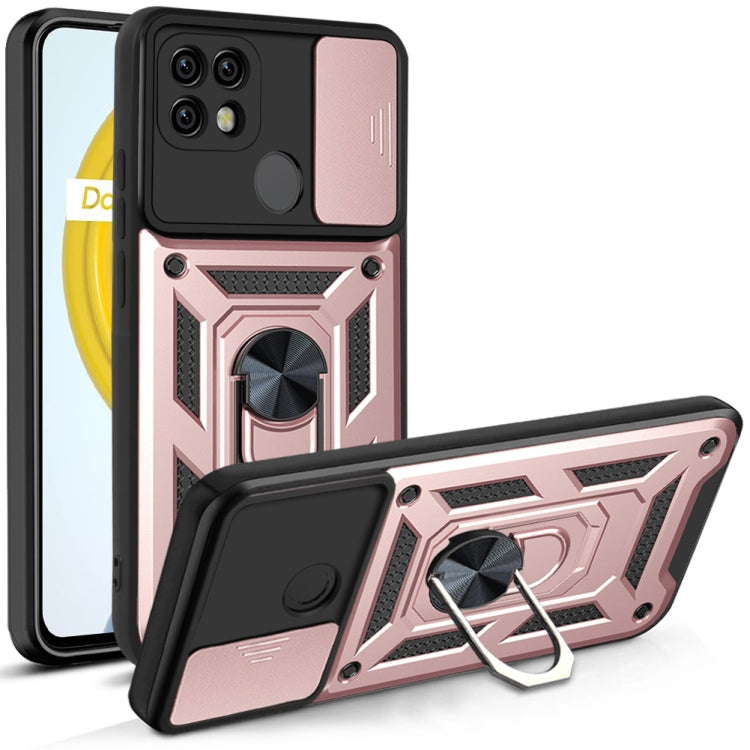 Rose gold rugged phone protective case with sliding cover and metal ring kickstand