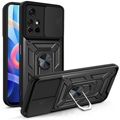 Black rugged phone case with ring kickstand and camera cover