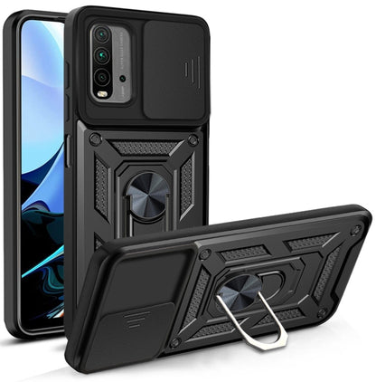 Black rugged phone protective case with ring kickstand and sliding camera cover