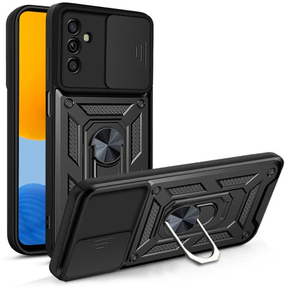 Black rugged phone protective case with sliding cover and metal ring kickstand