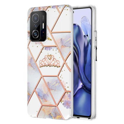 Pink and white marble hex flower TPU phone case with crown design