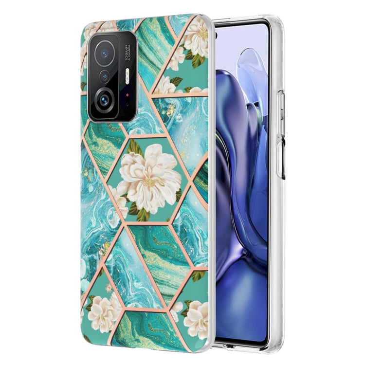 Teal and white marble hex flower TPU phone case with large cream flower