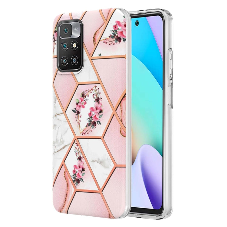 Pink floral hexagon TPU phone case, clear bumper edges, camera cutouts