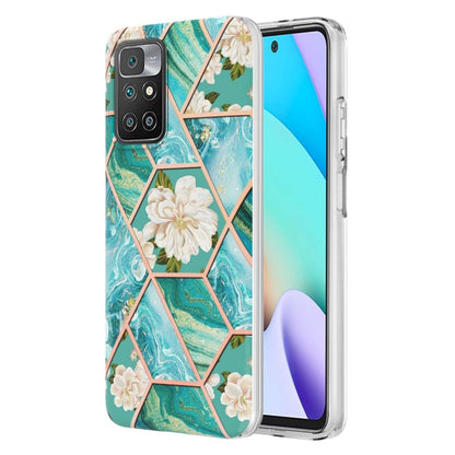 Teal marble hex flower TPU phone case with white blossom pattern