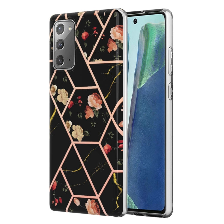 Black marble hex flower TPU phone case with floral accents and rose-gold lines