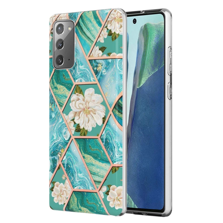 Teal TPU phone case with marble-style hexagon pattern and cream flower accents
