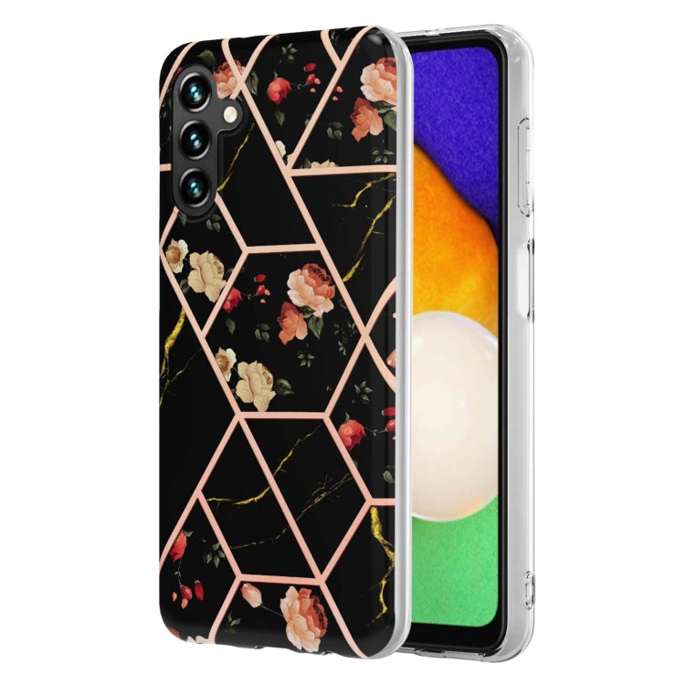 Black TPU phone case with rose floral hexagon pattern, protective edges and cutouts