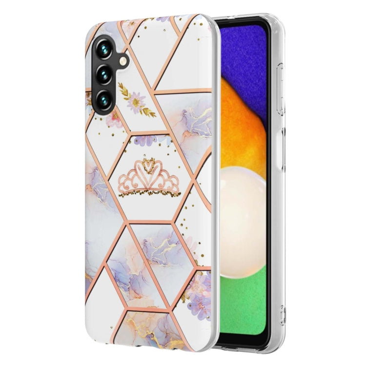 White TPU phone case with peach marble-style hexagon pattern and floral details