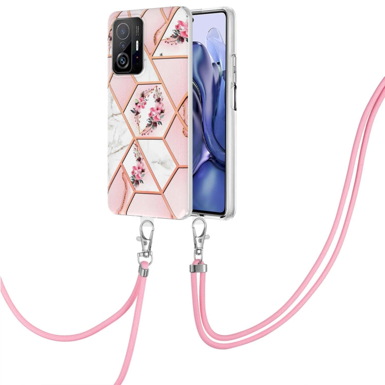 Pink floral TPU phone case with hex marble pattern and pink lanyard