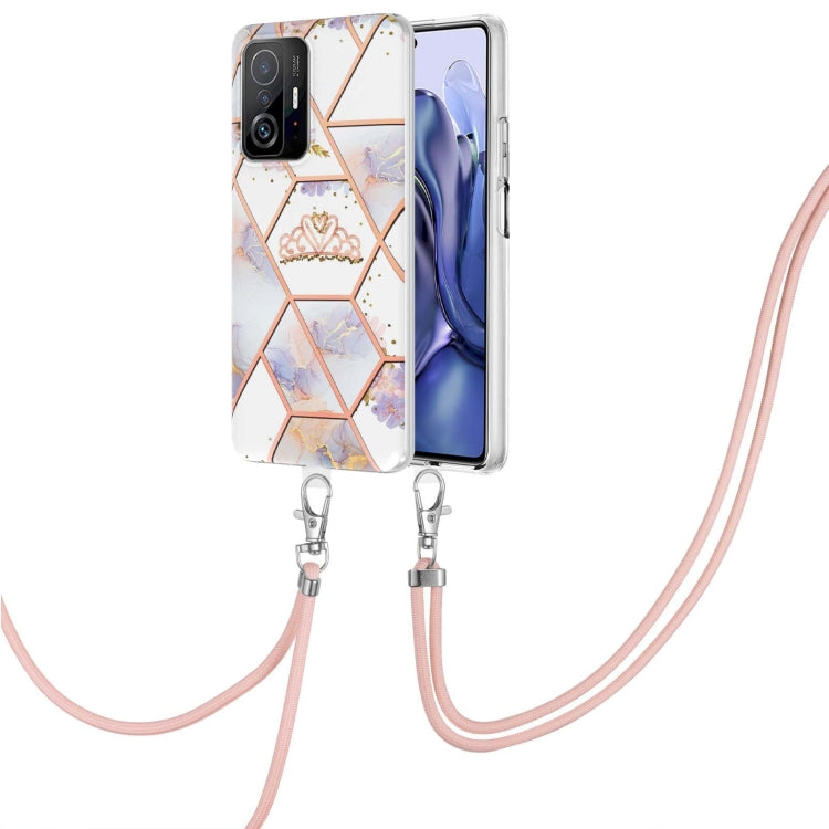 White-and-pink floral TPU phone case with hex marble pattern and pink lanyard