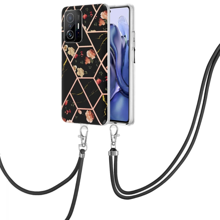 Black floral TPU phone case with hex marble pattern and black lanyard