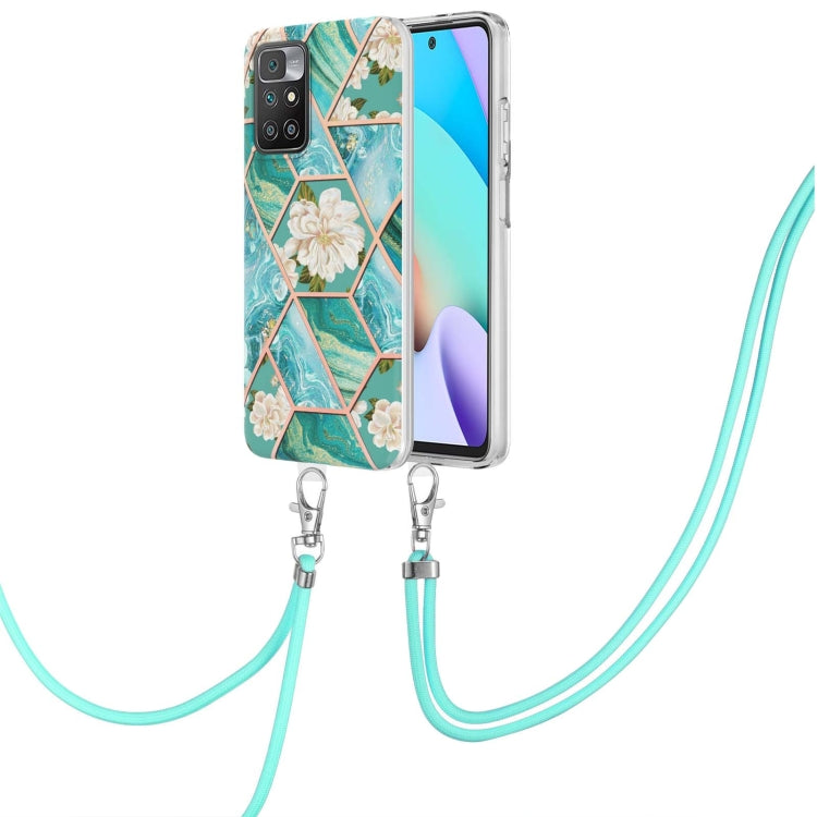 Blue floral TPU phone case with hex marble pattern and turquoise lanyard